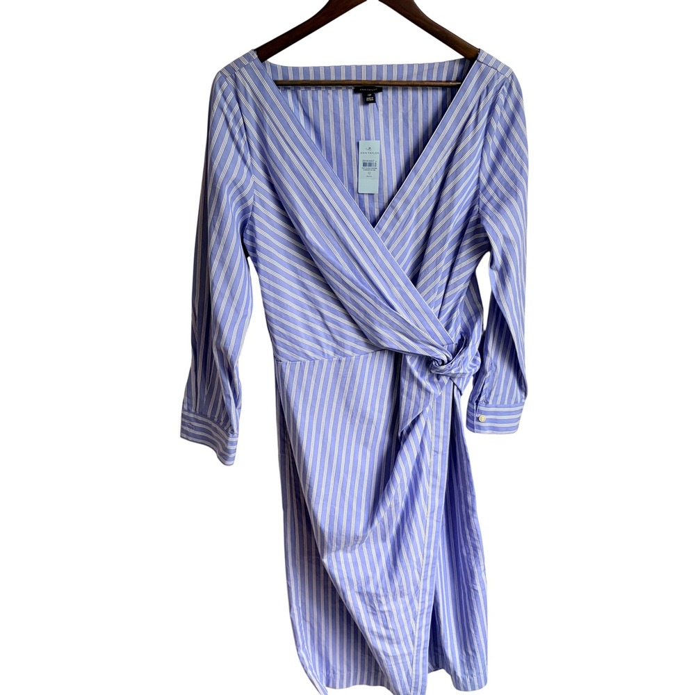 Ann Taylor NEW Striped Faux Wrap Dress 12 Petite Blue White Cotton Long Sleeve - Picture 2 of 12